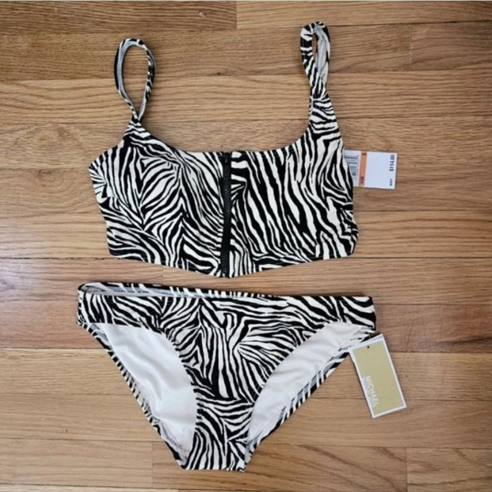 Michael Kors Women's Zip Front Zebra Print Top Hipster Bottom Bikini Size Small